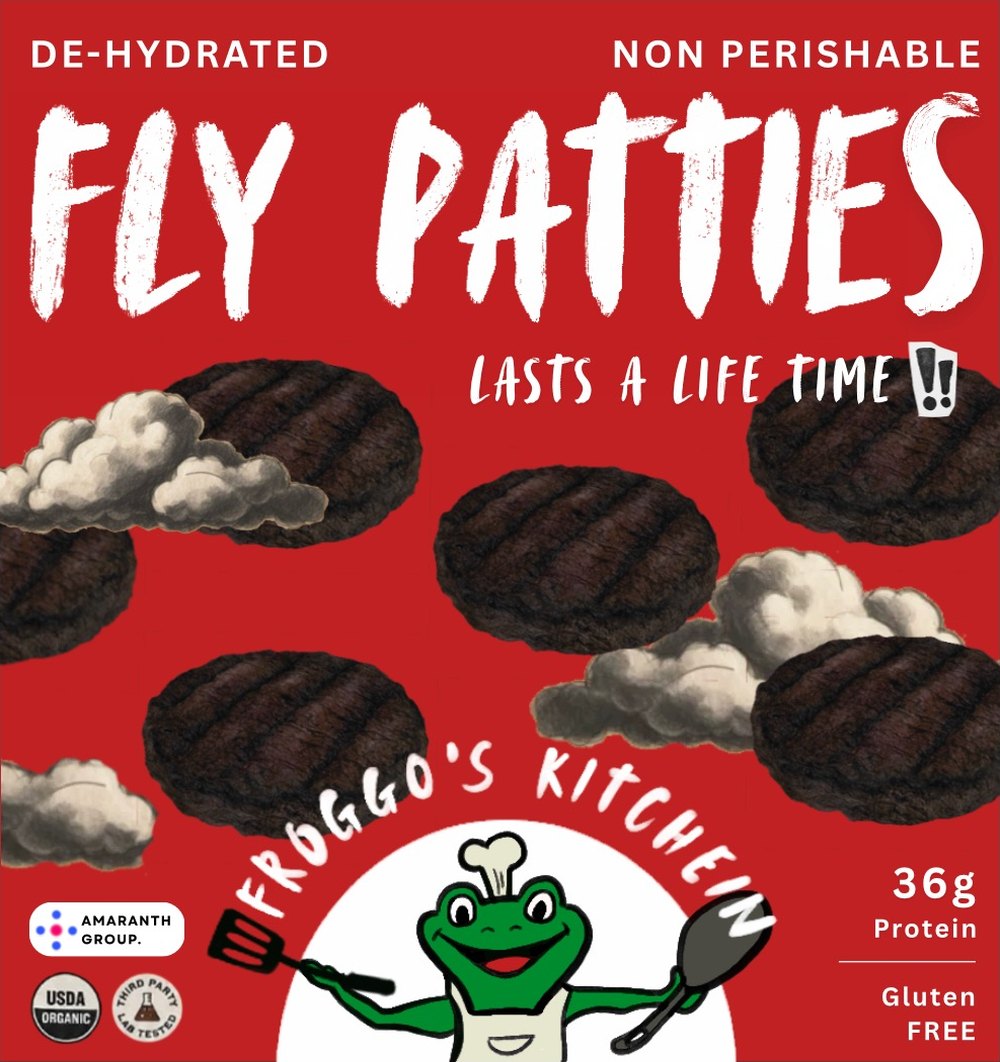 Froggo's Fly Patties box in red, the real world: green frog, Amaranth Group logo, lasts a life time