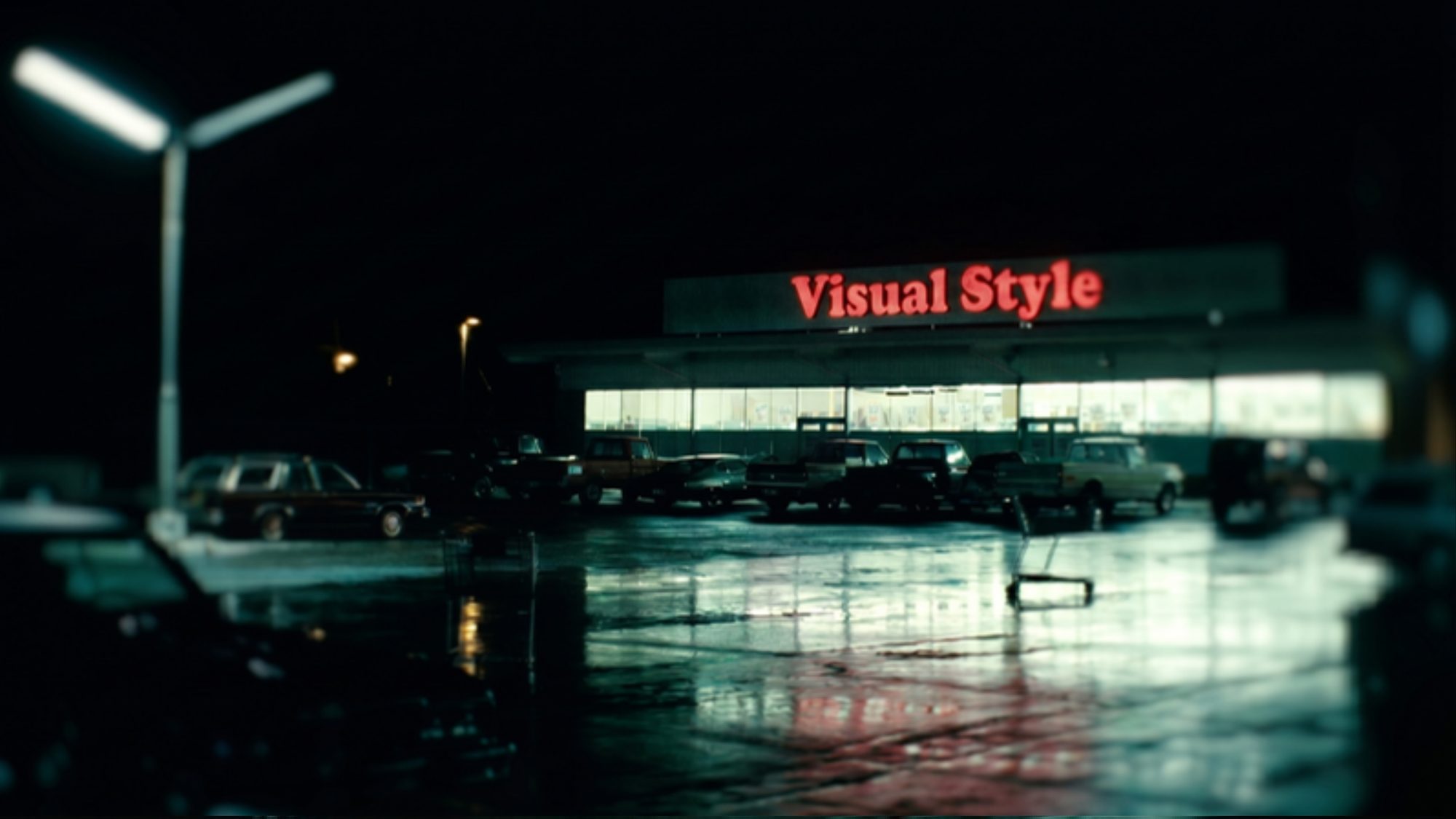 Visual Style: a grocery store at night, the sign glowing red over a wet parking lot