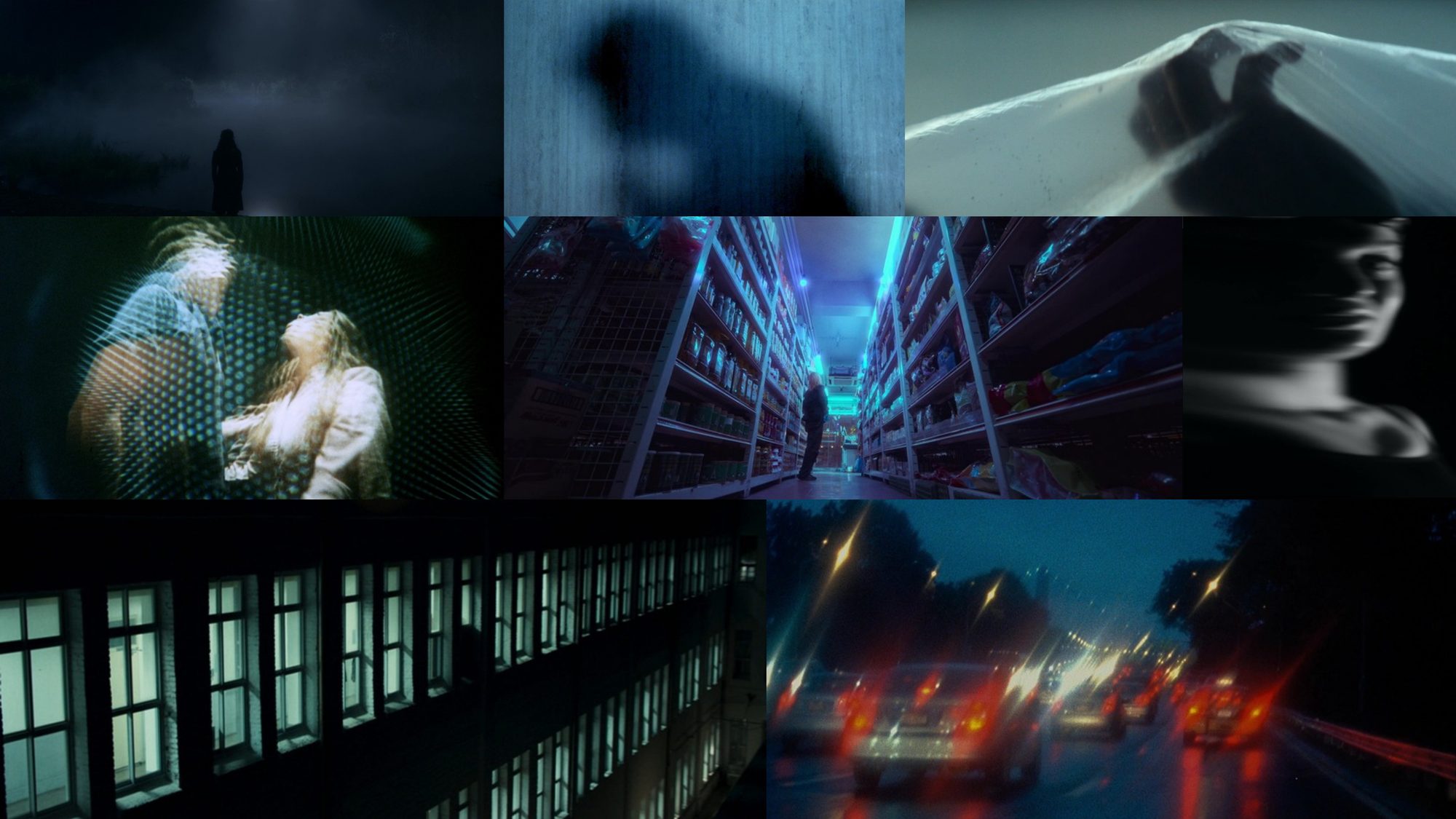 Visual style mood board: cold blue and teal night frames, silhouettes, fluorescent aisles and empty corridors