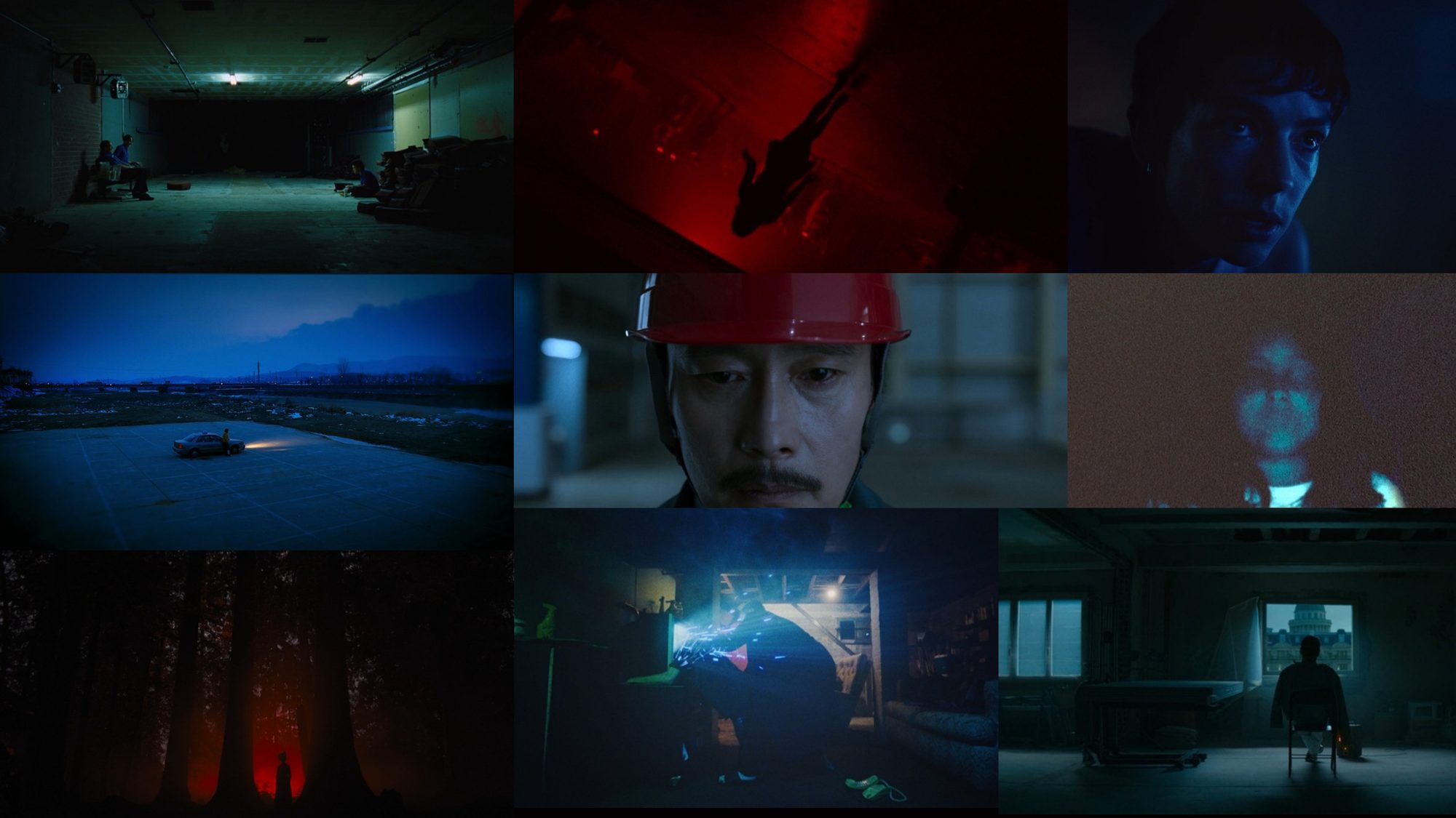 Visual style mood board: dark interiors, red and blue practical light, lone figures in empty spaces