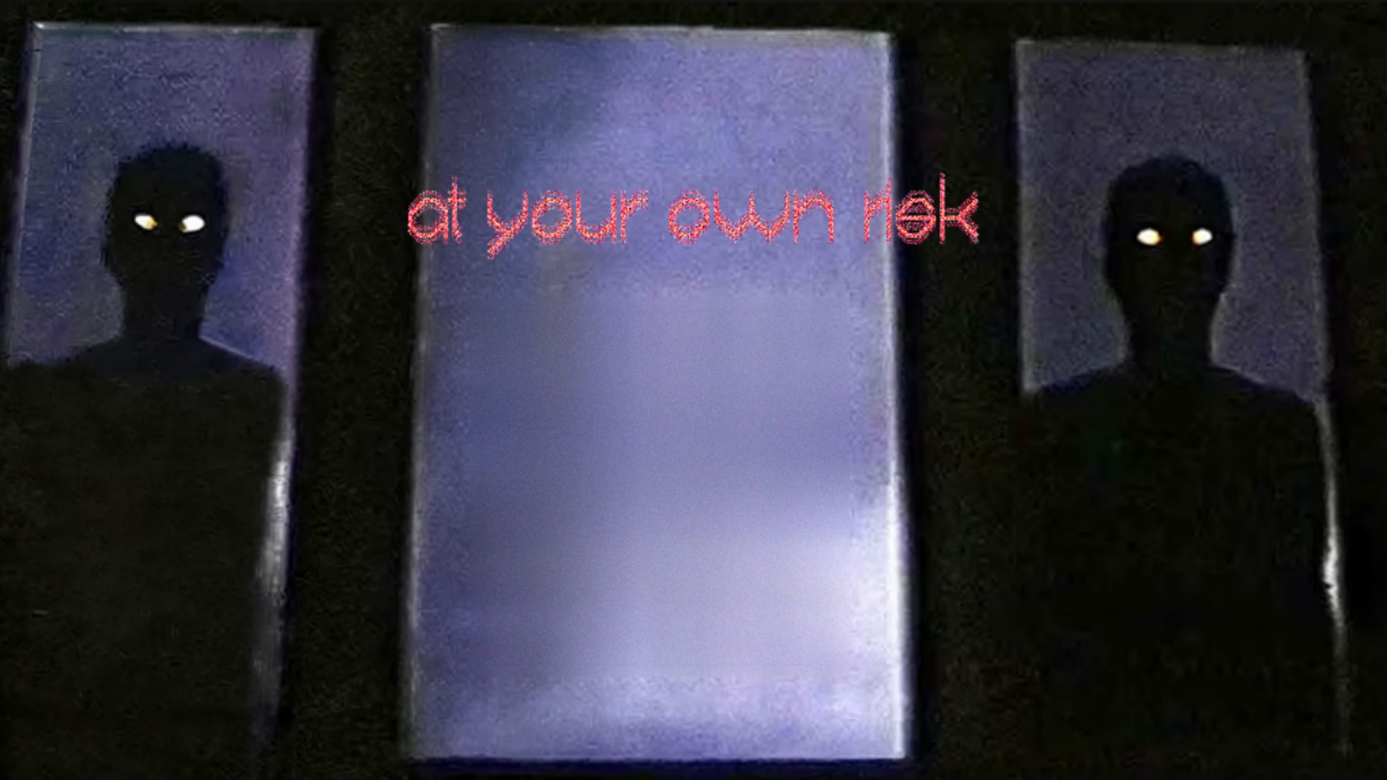 At your own risk: two silhouettes with glowing eyes either side of a QR code